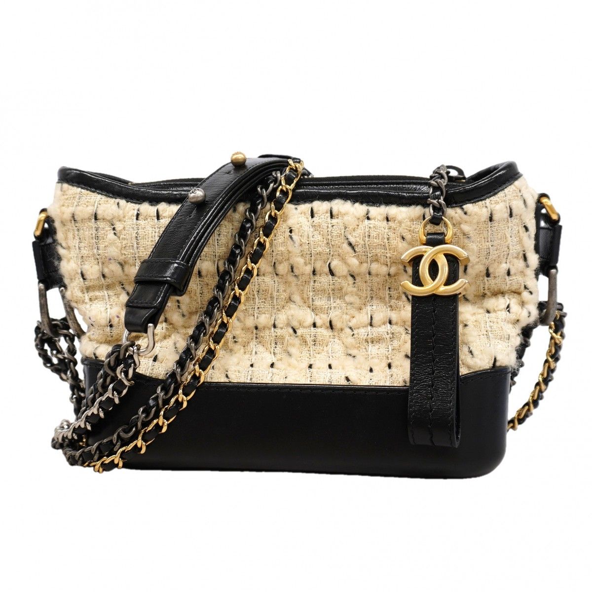 Chanel Shoulder Bag Tweed Beige Black Gold Silver
