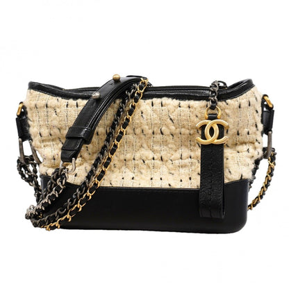 Chanel Shoulder Bag Tweed Beige Black Gold Silver