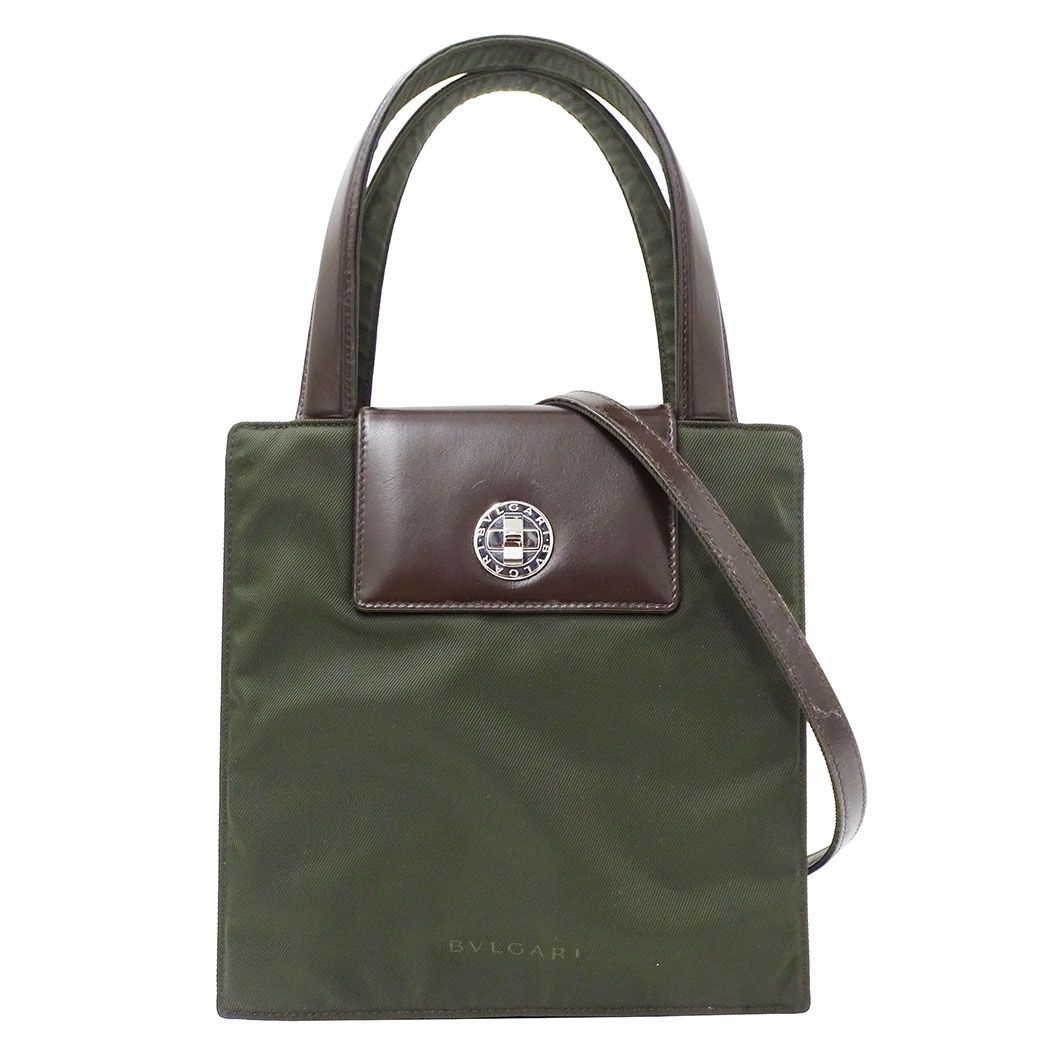 Bvlgari 2-Way Shoulder Bag Classico Leather Canvas Khaki Green Handle Simple