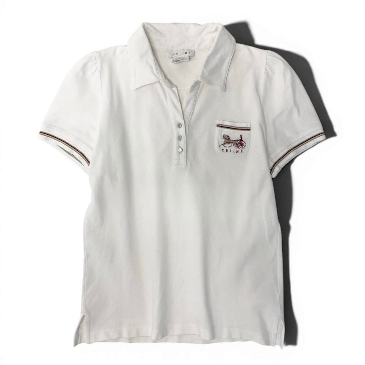 Celine Short Sleeve Carriage Logo Embroidery Puff White Cotton Polyurethane Polo — view 2