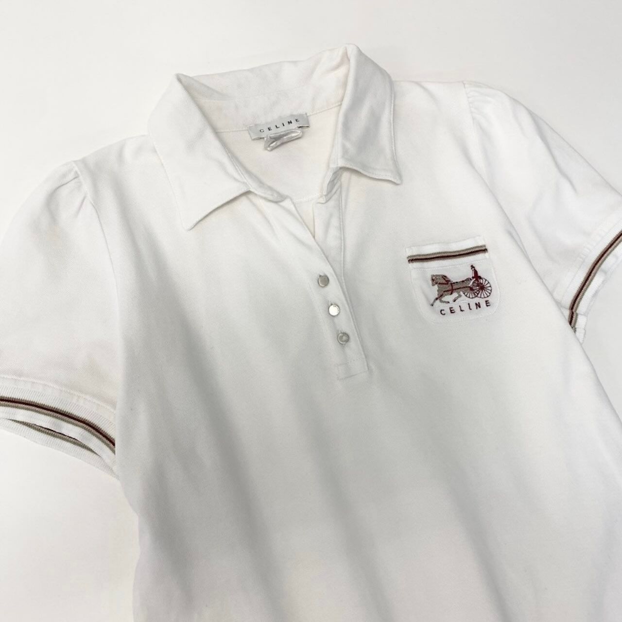Celine Short Sleeve Carriage Logo Embroidery Puff White Cotton Polyurethane Polo — view 4