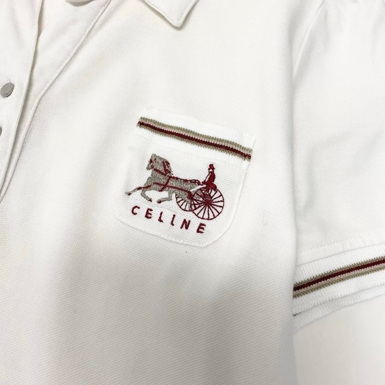 Celine Short Sleeve Carriage Logo Embroidery Puff White Cotton Polyurethane Polo — view 7
