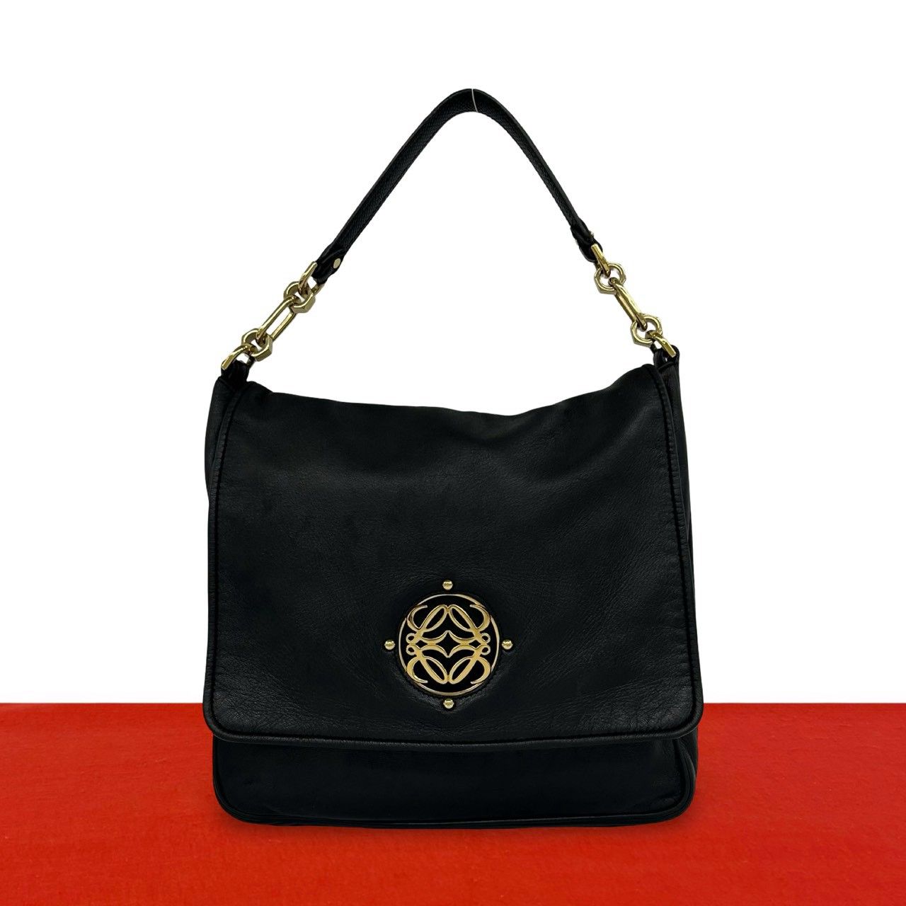 Loewe Vintage Maia Anagram Logo Leather Shoulder Bag Black