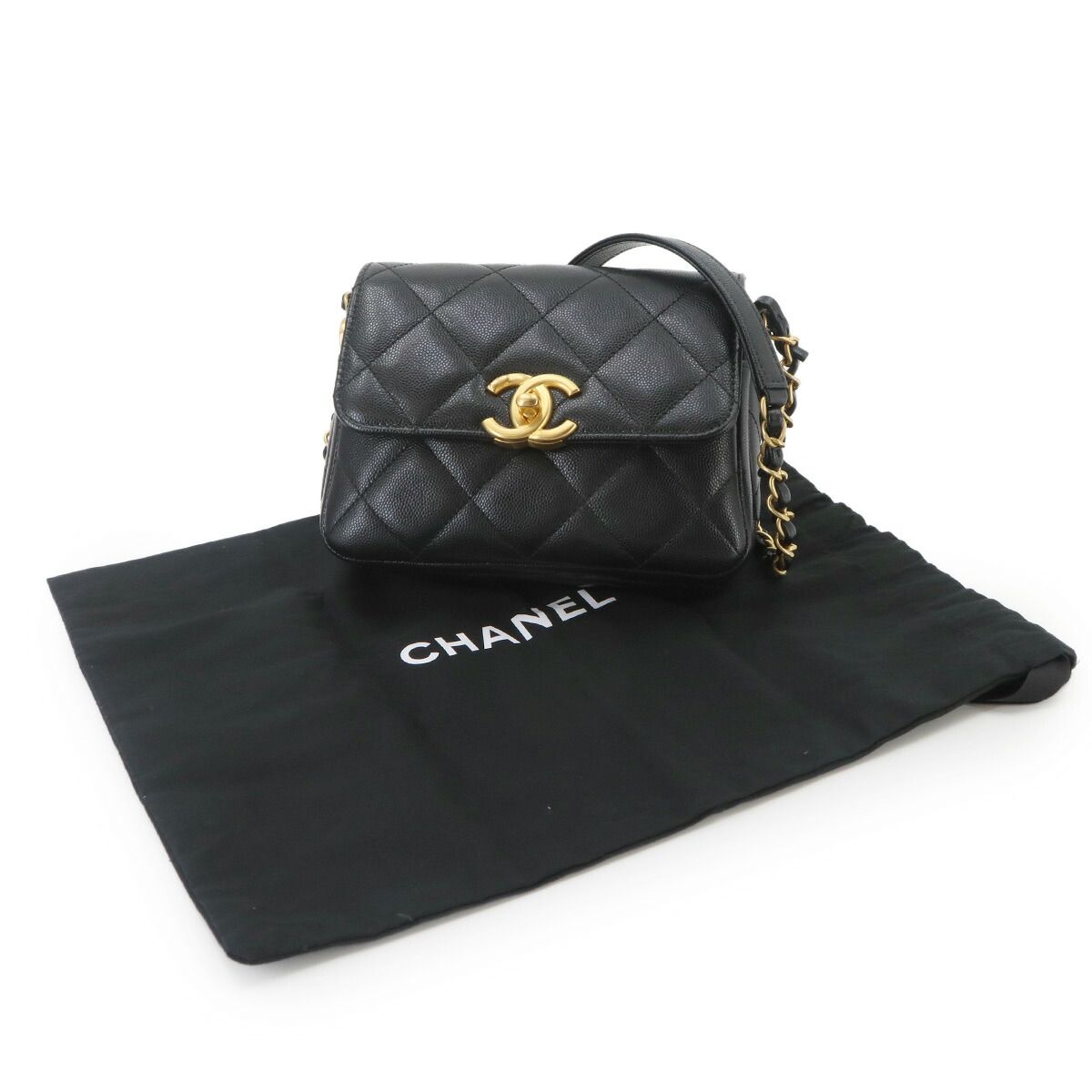 Chanel Quilted Mini Flap Chain Shoulder Bag Caviar Leather Black Gold — view 2