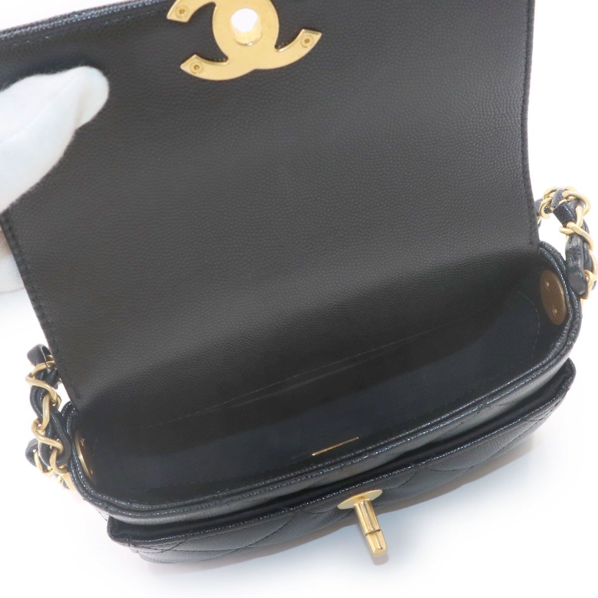 Chanel Quilted Mini Flap Chain Shoulder Bag Caviar Leather Black Gold — view 8