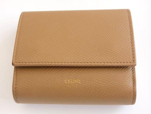 Celine 3 Fold Wallet Mini Compact Small Trifold Leather Beige