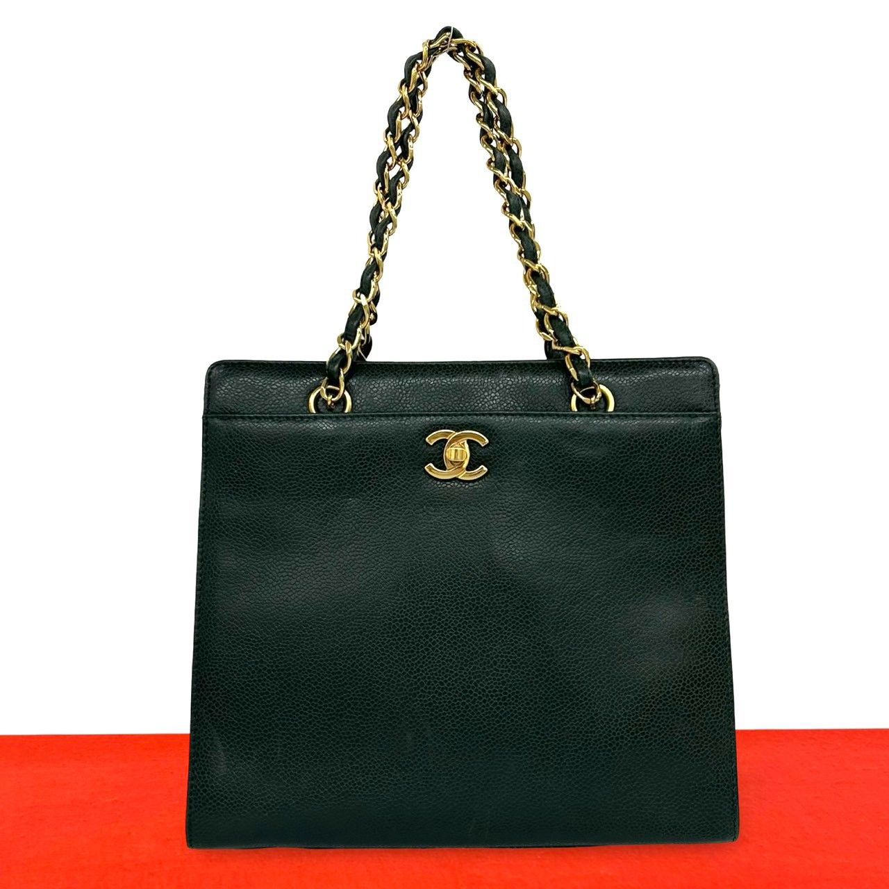 Chanel Vintage CC Logo Caviar Leather Chain Handbag Green