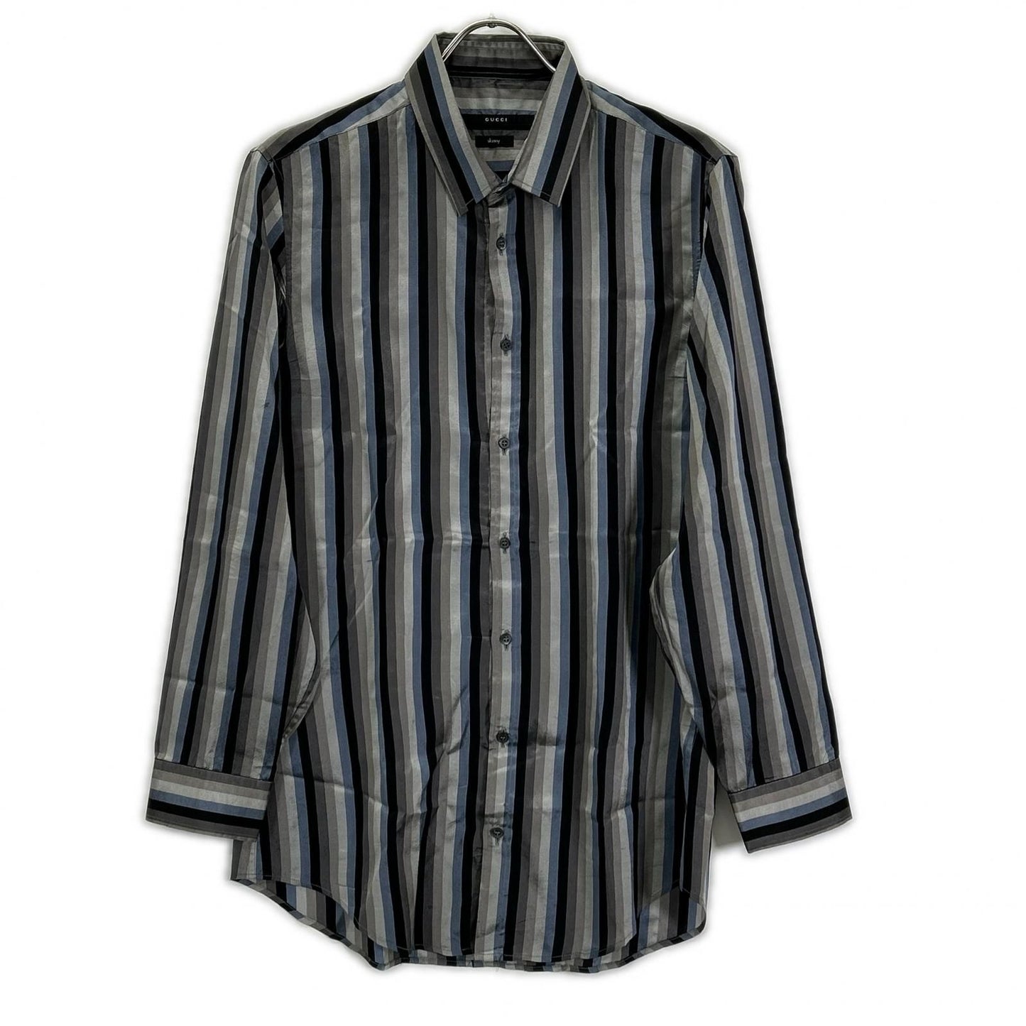 Gucci Gray Blue Multicolor Era Silk Shirt 42