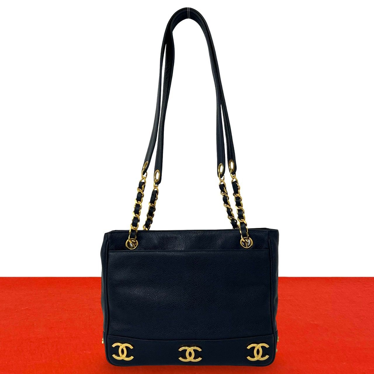 Chanel Vintage Triple Coco Caviar Leather Shoulder Bag Tote Navy