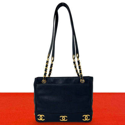 Chanel Vintage Triple Coco Caviar Leather Shoulder Bag Tote Navy