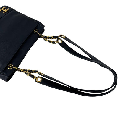 Chanel Vintage Triple Coco Caviar Leather Shoulder Bag Tote Navy — view 4