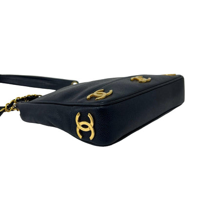 Chanel Vintage Triple Coco Caviar Leather Shoulder Bag Tote Navy — view 8