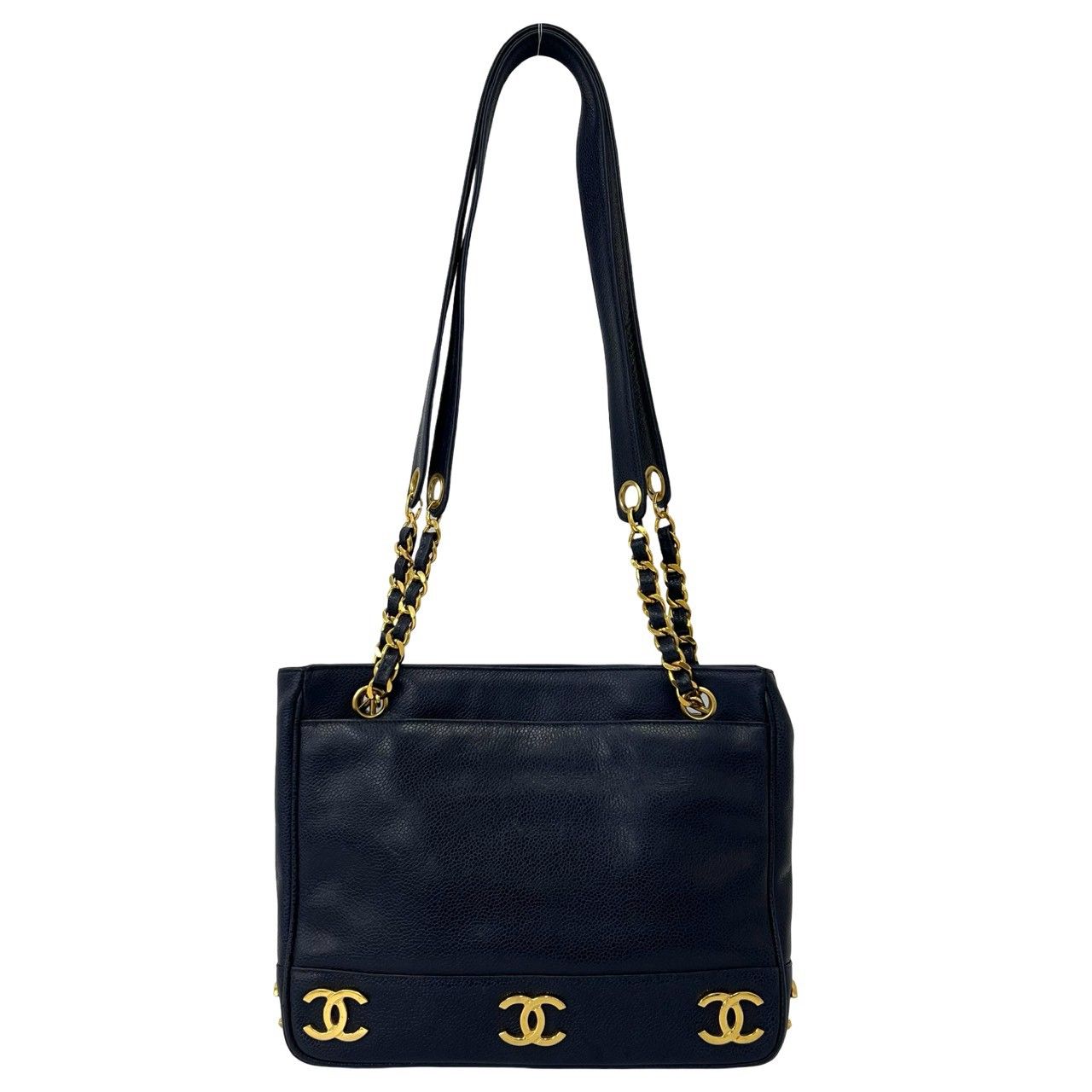 Chanel Vintage Triple Coco Caviar Leather Shoulder Bag Tote Navy — view 3