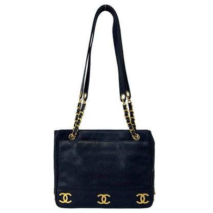 Chanel Vintage Triple Coco Caviar Leather Shoulder Bag Tote Navy — view 3