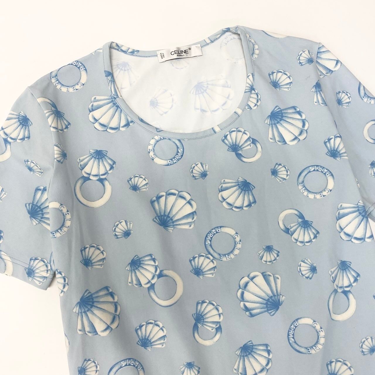 Celine Marine Pattern Crew Neck Top All Over Elastic Stretch Blue Short Sleeve — view 4