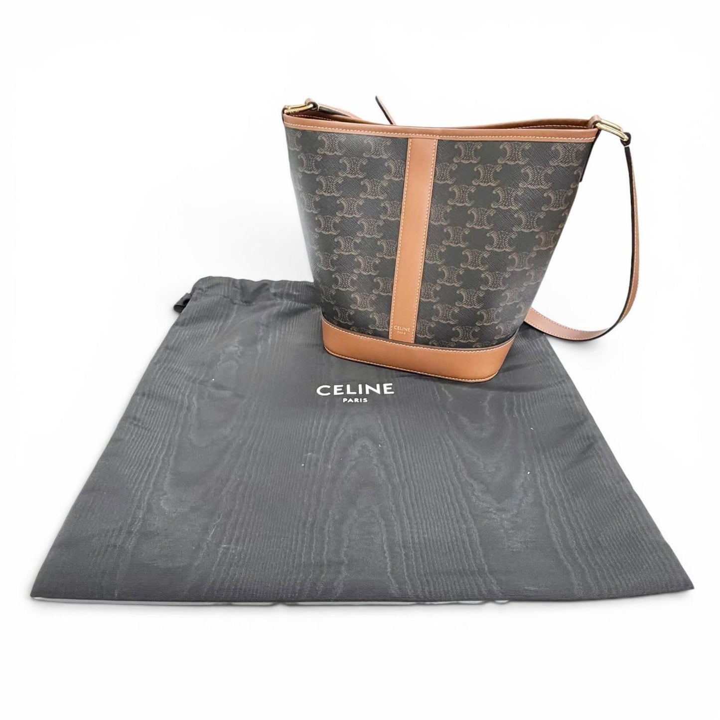 Celine Small Bucket Triomphe Canvas Calfskin Tan Shoulder Bag Brown — view 2