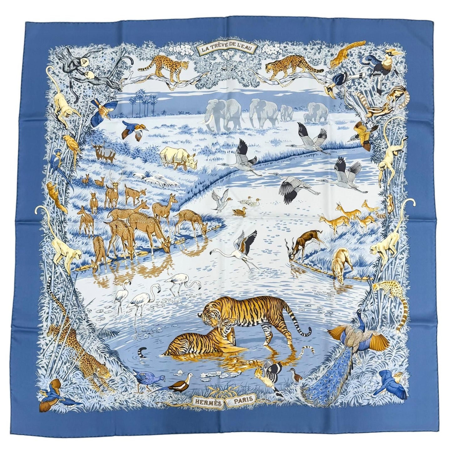 Hermes la Treve de L Eau Water Truce Carre 90 Silk 100% Super Rare Scarf Blue