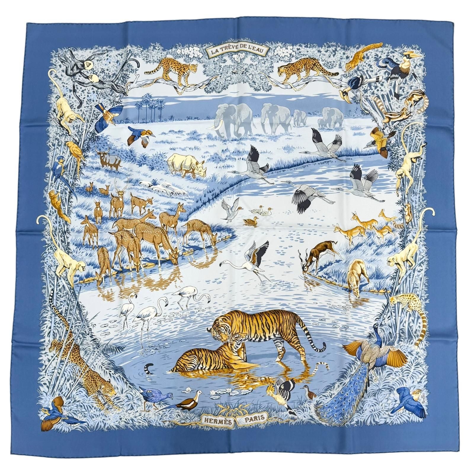 Hermes la Treve de L Eau Water Truce Carre 90 Silk 100% Super Rare Scarf Blue