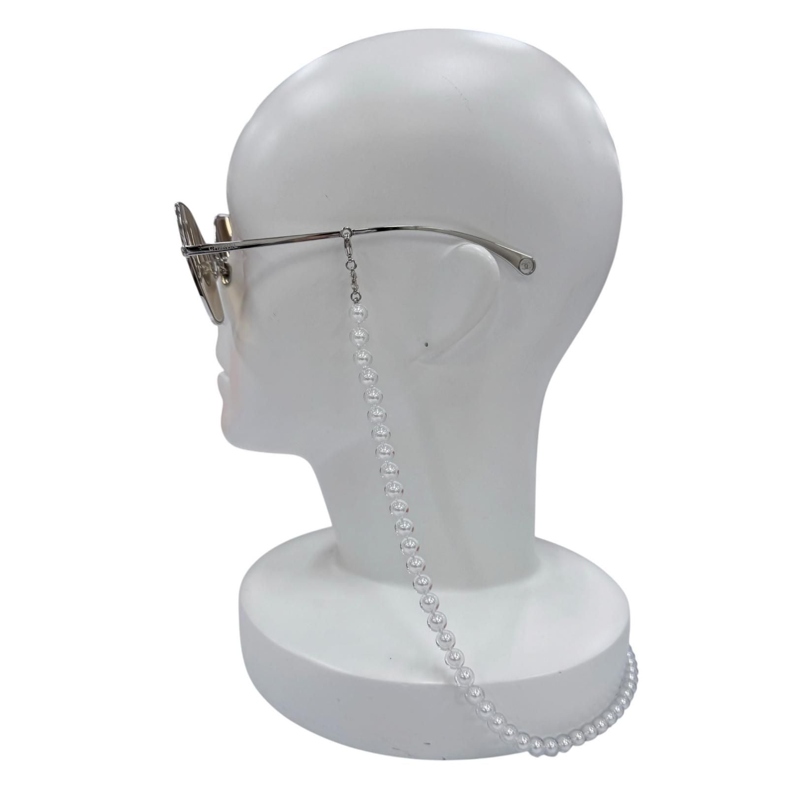 Chanel CC Logo Pearl Chain Butterfly Sunglasses Silver Brown Eyewear — view 5