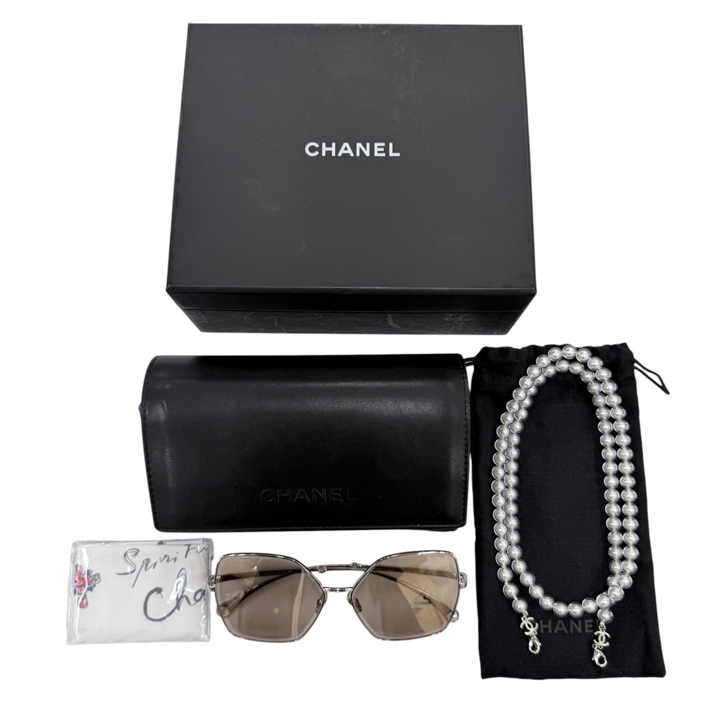 Chanel CC Logo Pearl Chain Butterfly Sunglasses Silver Brown Eyewear — view 2