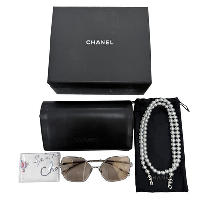 Chanel CC Logo Pearl Chain Butterfly Sunglasses Silver Brown Eyewear — view 2