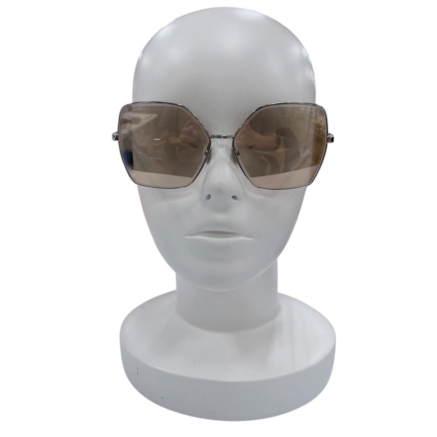 Chanel CC Logo Pearl Chain Butterfly Sunglasses Silver Brown Eyewear — view 3