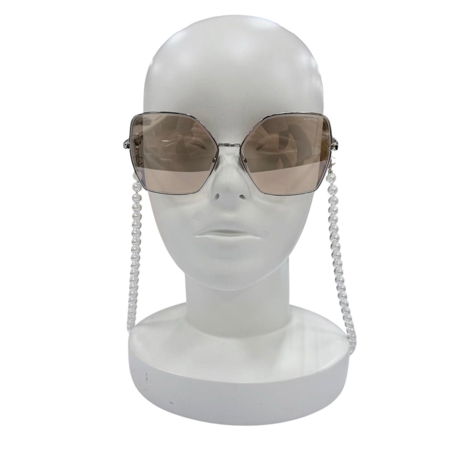 Chanel CC Logo Pearl Chain Butterfly Sunglasses Silver Brown Eyewear — view 4