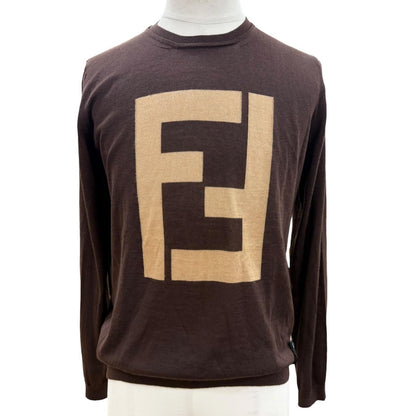 Fendi Cashmere Silk FF Logo Crew Neck High Gauge Knit Sweater Brown 44