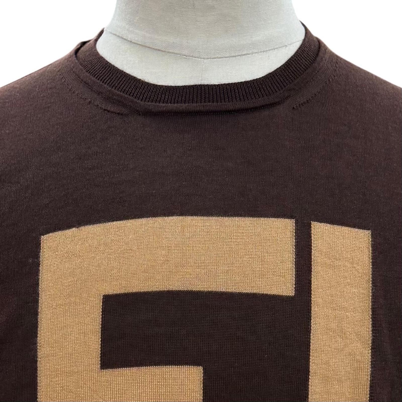 Fendi Cashmere Silk FF Logo Crew Neck High Gauge Knit Sweater Brown 44 — view 2