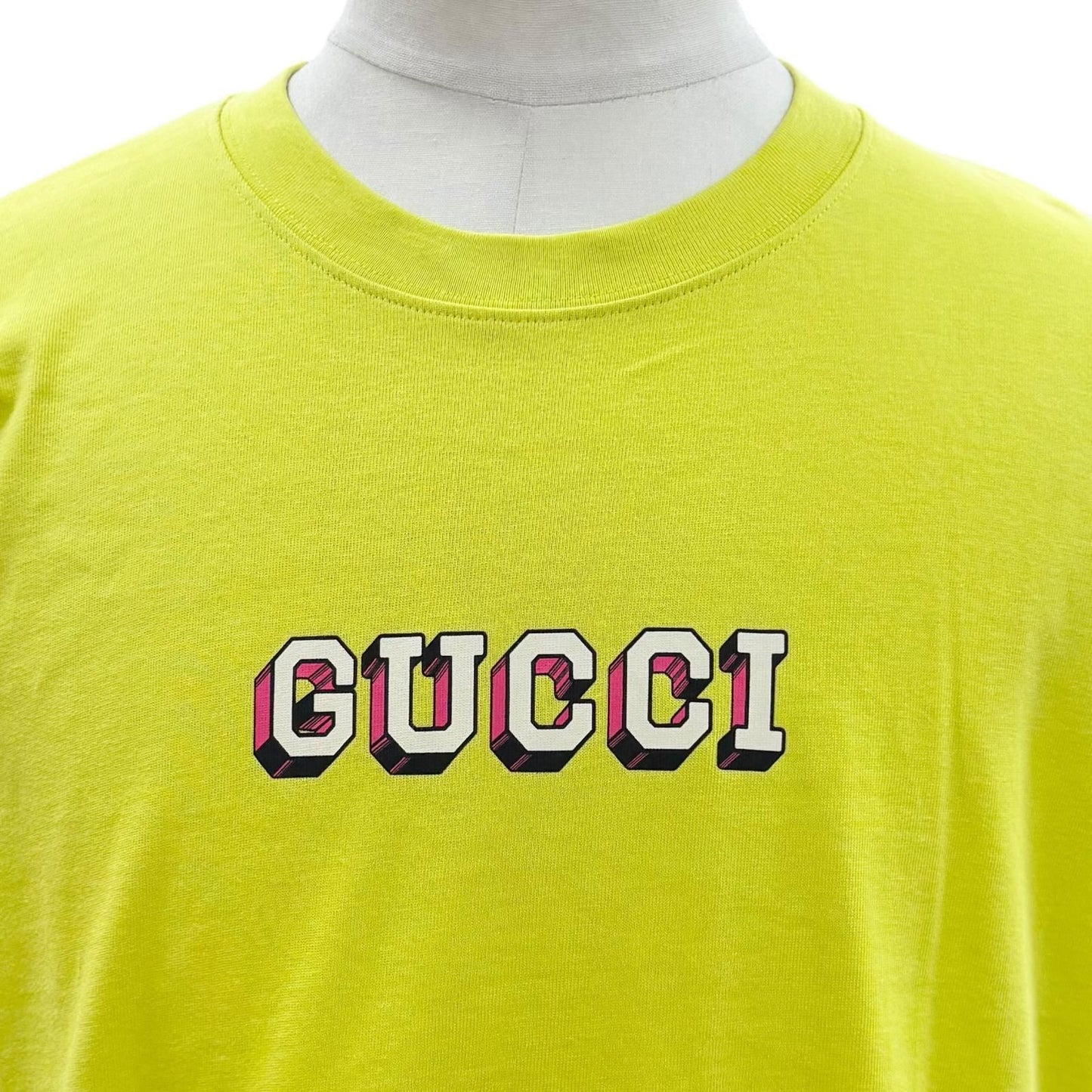 Gucci Logo Print Crew Neck Long Sleeve T-Shirt Lime Yellow — view 2