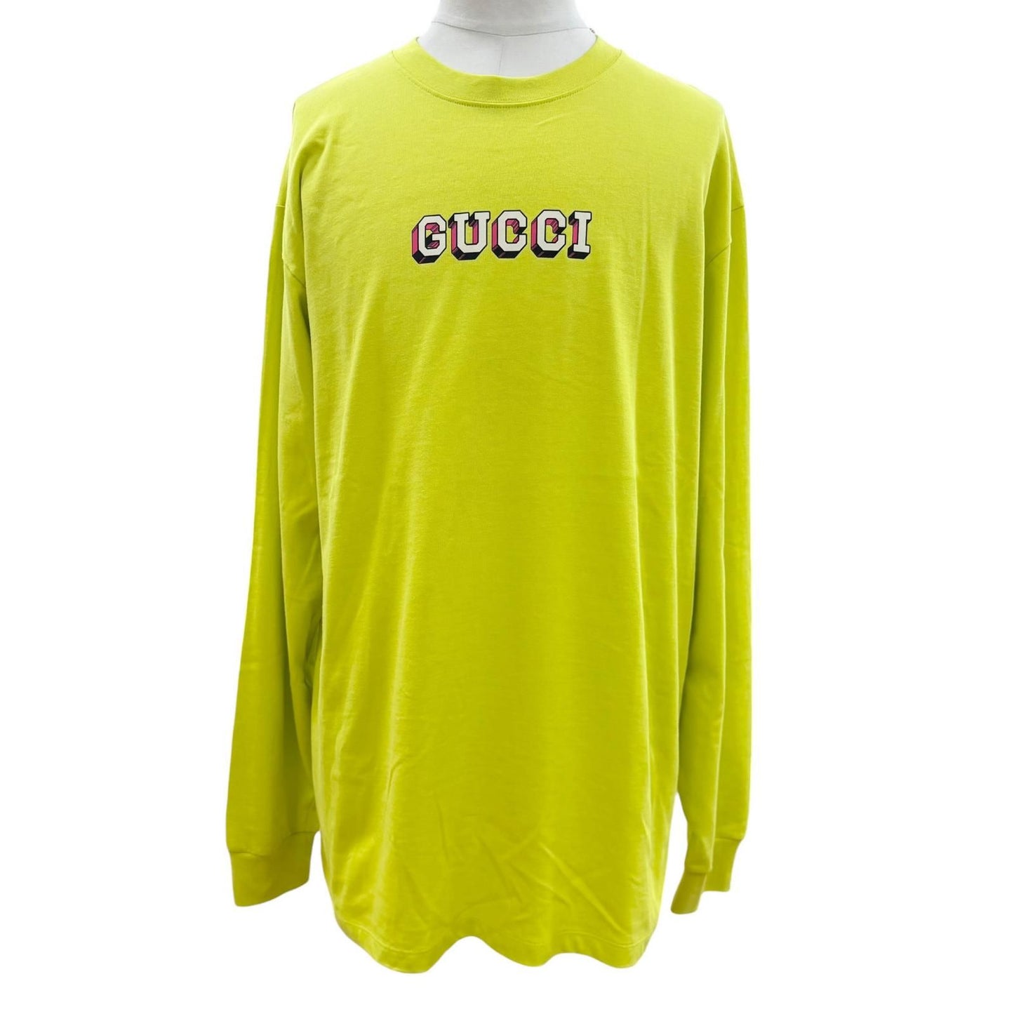 Gucci Logo Print Crew Neck Long Sleeve T-Shirt Lime Yellow