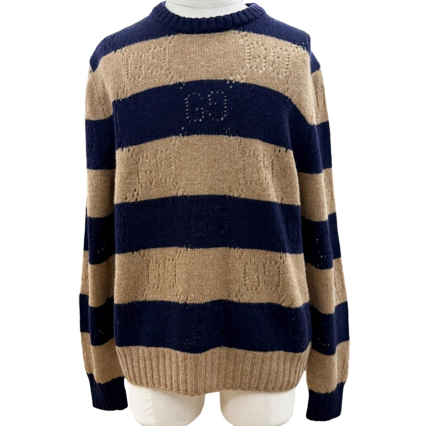 Gucci Wool Interlocking Border Knit Sweater Navy Brown XL
