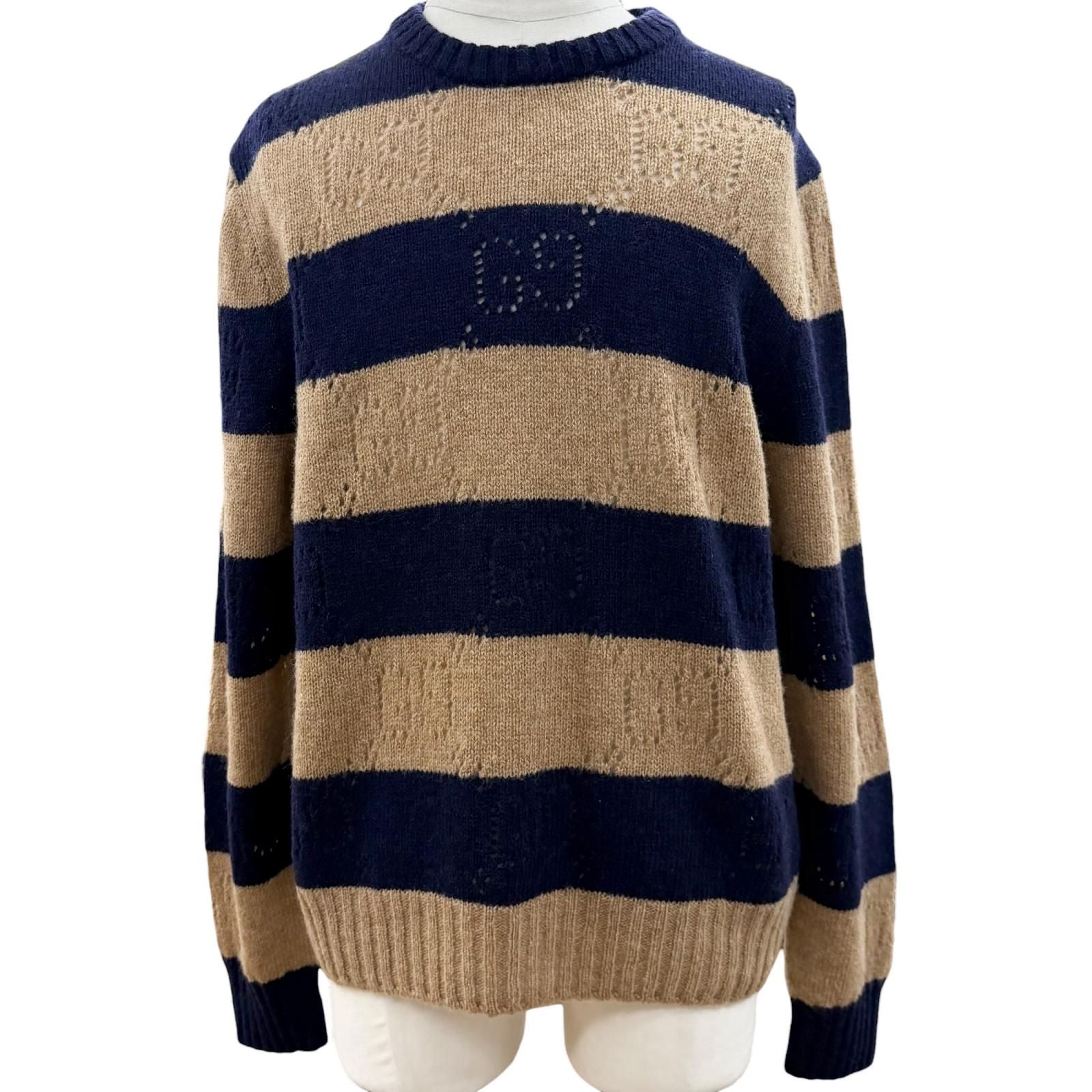 Gucci Wool Interlocking Border Knit Sweater Navy Brown XL