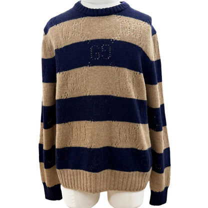 Gucci Wool Interlocking Border Knit Sweater Navy Brown XL