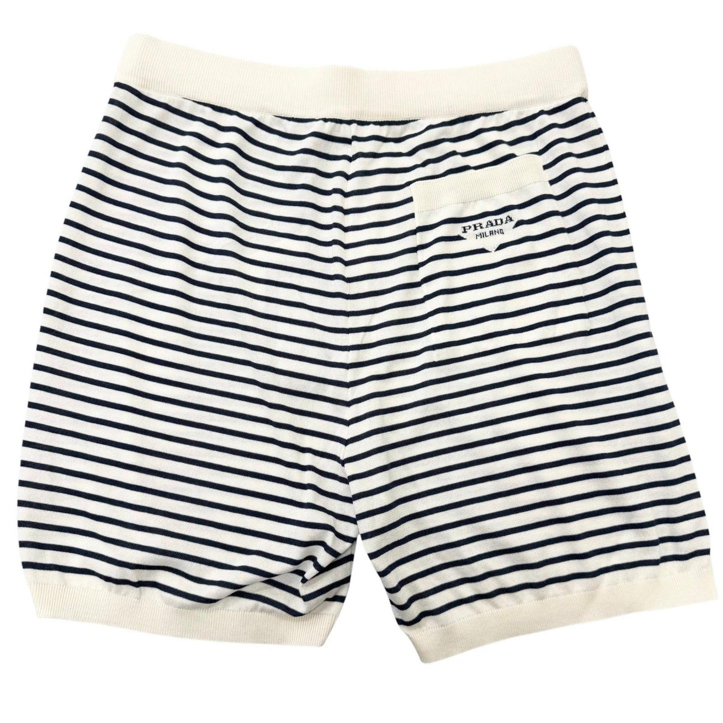Prada Silk Cotton Border Pattern Triangle Logo Knit Shorts White 48 — view 2