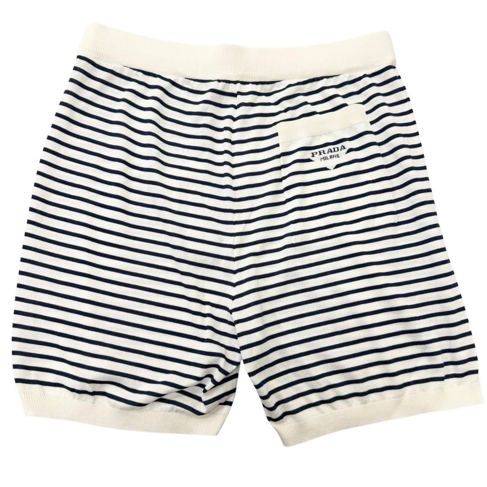 Prada Silk Cotton Border Pattern Triangle Logo Knit Shorts White 48 — view 2