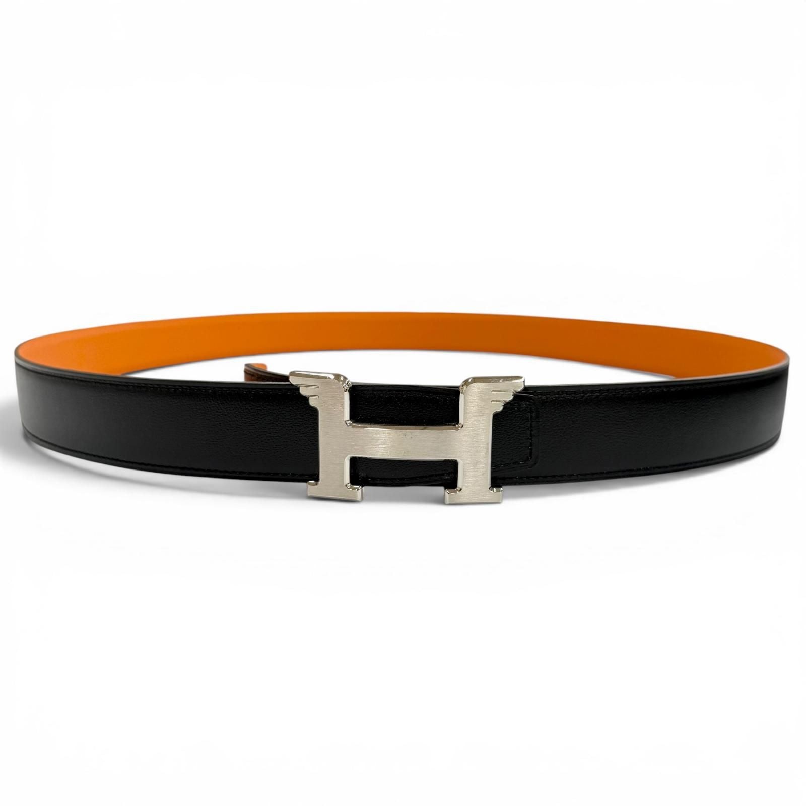 Hermes Constance Pegasus Box Calf Togo Silver Reversible Belt Black Orange — view 2