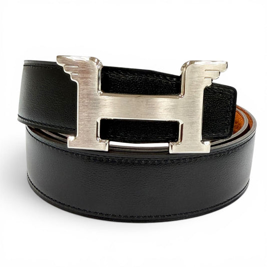 Hermes Constance Pegasus Box Calf Togo Silver Reversible Belt Black Orange