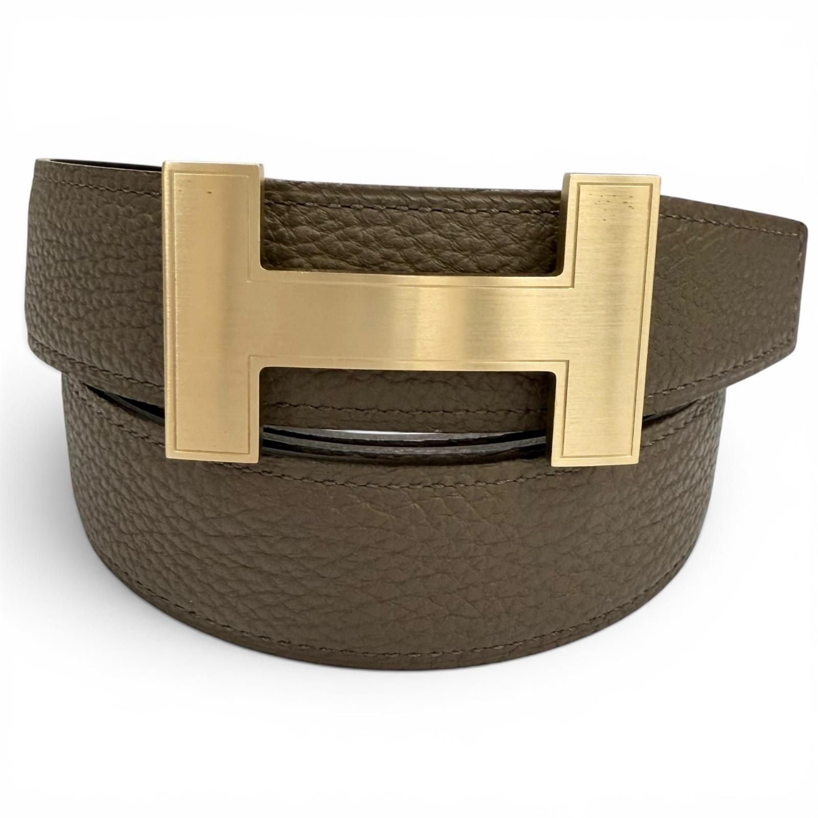 Hermes Constance Box Calf Togo Gold Logo Buckle Reversible Belt Khaki Black