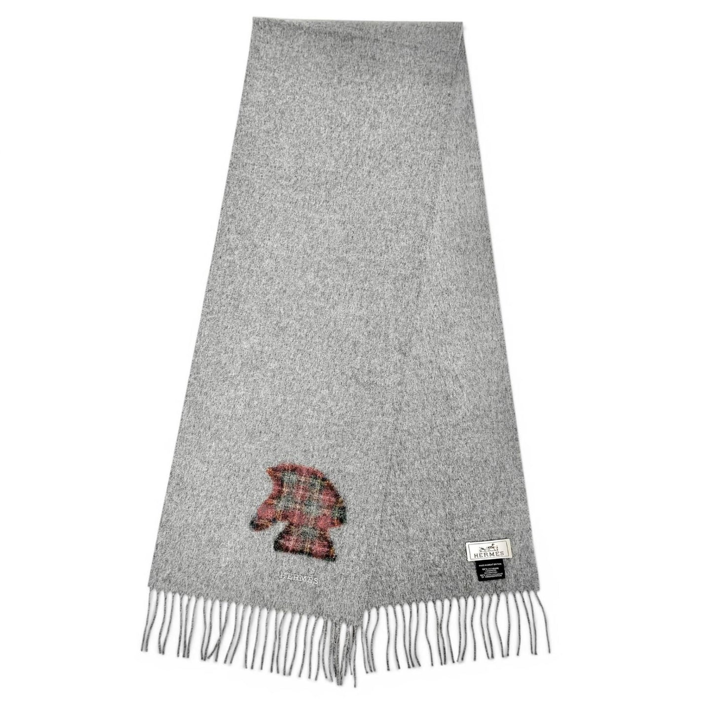 Hermes Highlands Cashmere Tartan Check Horse Motif Logo Embroidery Fringe Scarf — view 4