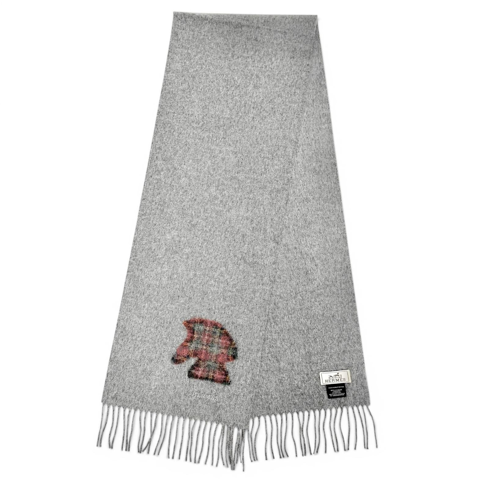 Hermes Highlands Cashmere Tartan Check Horse Motif Logo Embroidery Fringe Scarf — view 4