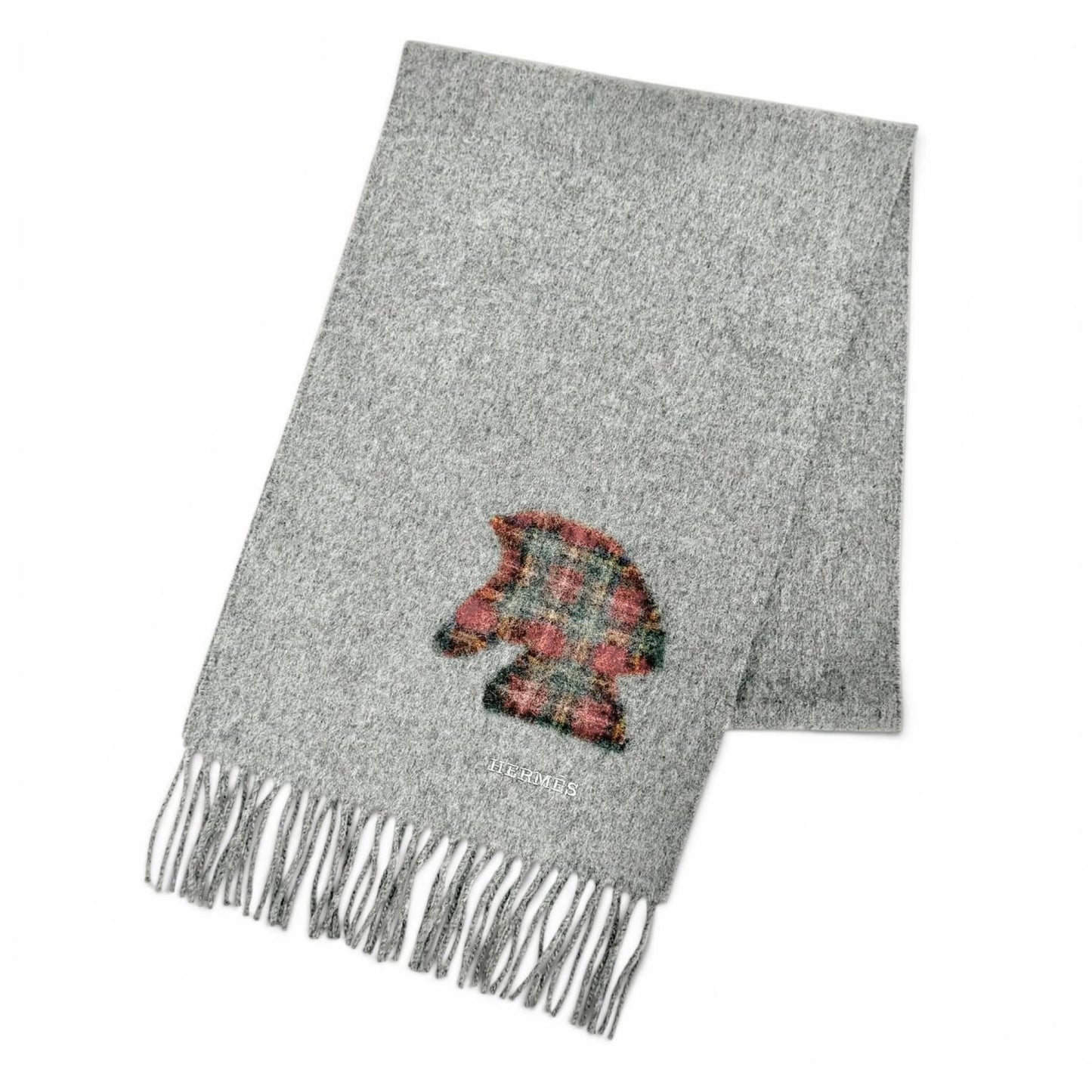 Hermes Highlands Cashmere Tartan Check Horse Motif Logo Embroidery Fringe Scarf