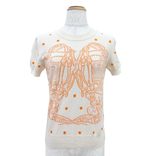 Hermes Cashmere Brides de Gala Dot Pattern Short Sleeve Knit Beige Orange 36