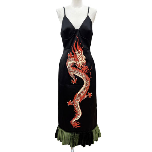 Gucci Silk 100% Dragon Hem Velour Pleated Duchess Dress Black Green 40