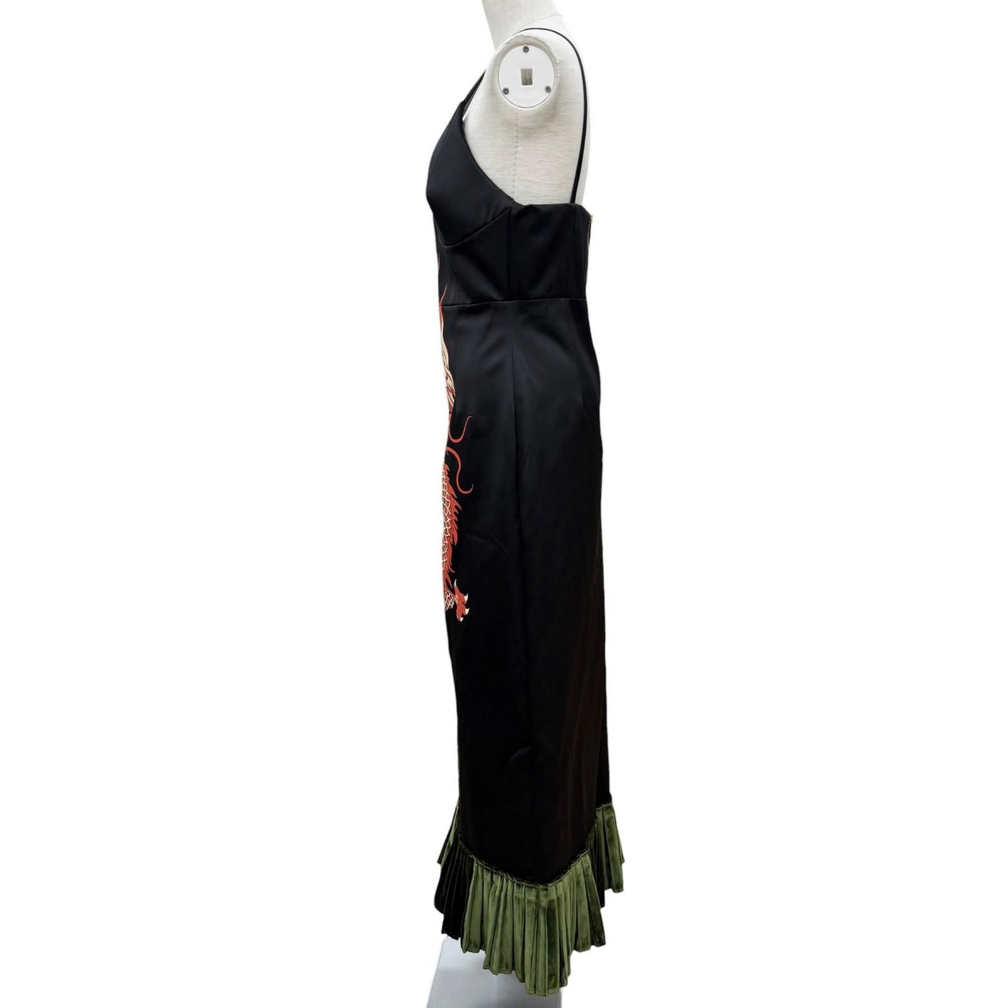 Gucci Silk 100% Dragon Hem Velour Pleated Duchess Dress Black Green 40 — view 3