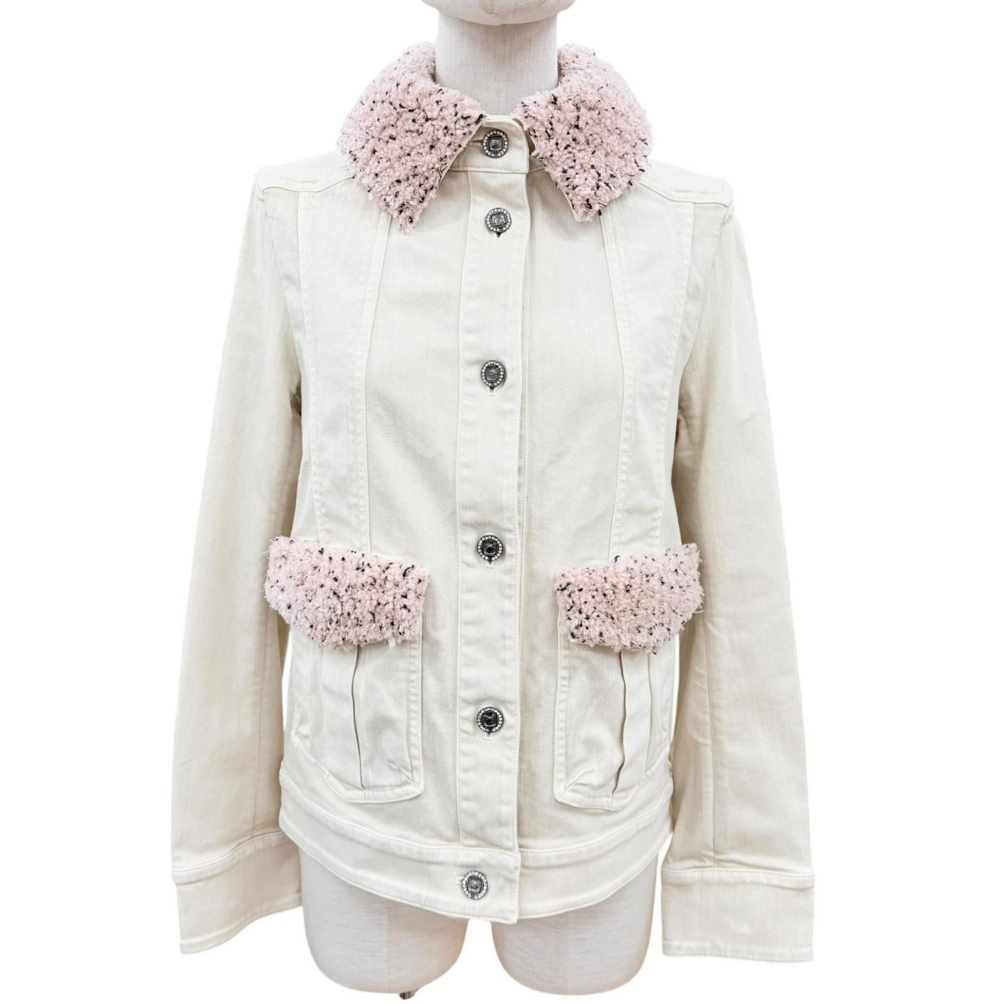 Chanel Mini Coco Button with Stone Fleece Denim Jacket Ivory 34