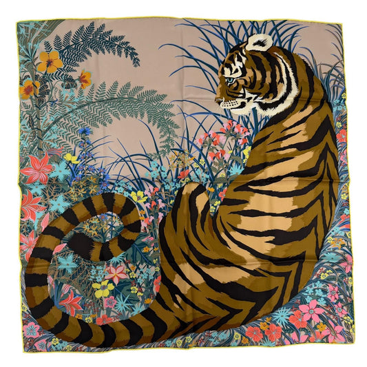 Hermes Carre 70 Tiger Silk 100% Beige Sundre Brown Multicolor Scarf