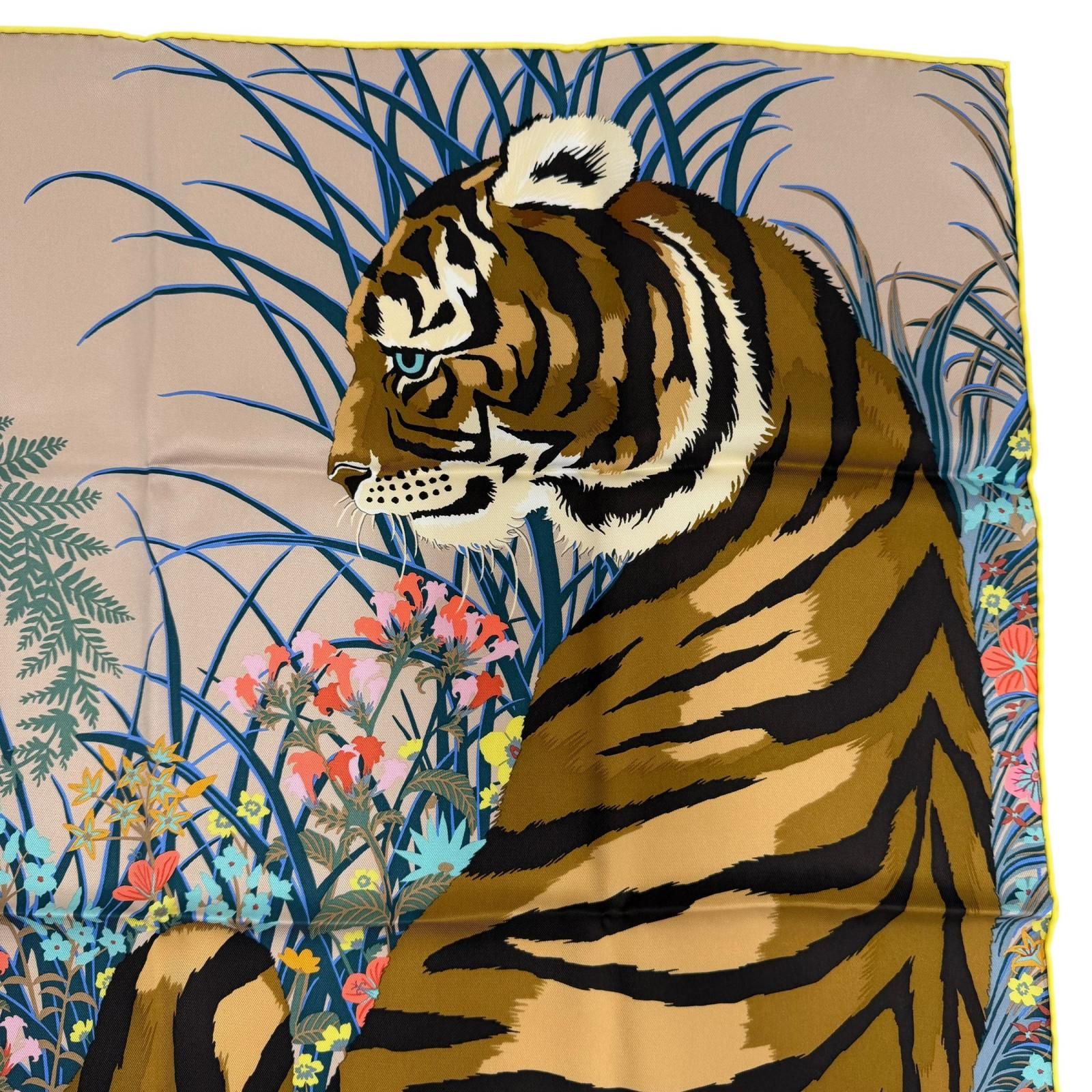 Hermes Carre 70 Tiger Silk 100% Beige Sundre Brown Multicolor Scarf — view 4