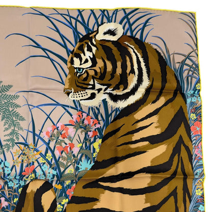 Hermes Carre 70 Tiger Silk 100% Beige Sundre Brown Multicolor Scarf — view 4