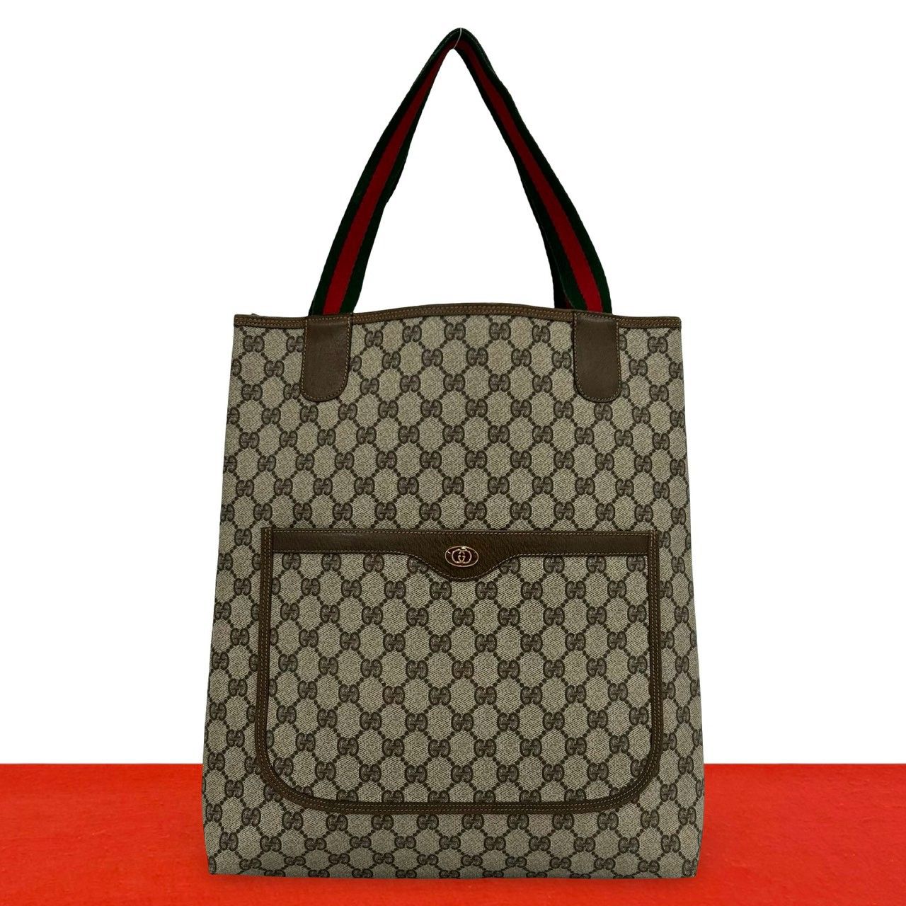 Gucci Vintage Sherry Line GG Logo Print Leather Tote Shoulder Bag Brown